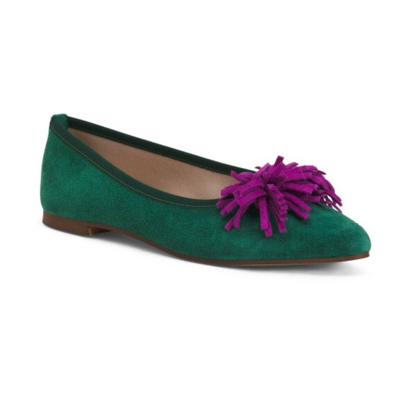 LIBERA MENTE Made In Italy Suede Floral Pom Pom Flats